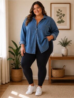 100) VELTEX Oversized Denim Button Up Shirt | Relaxed Chambray Top Plus Size
